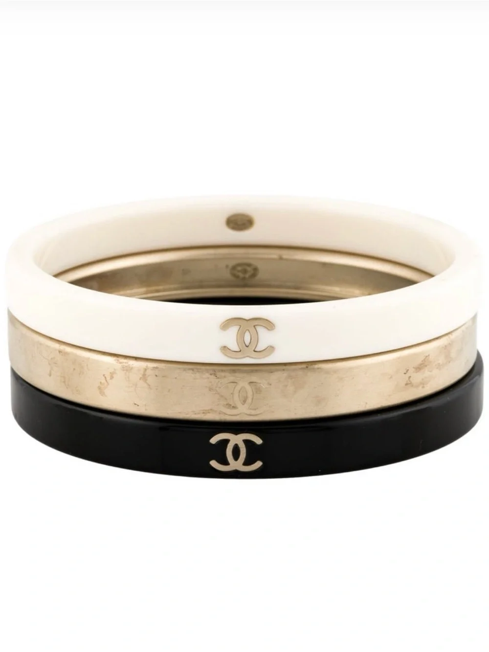 CHANEL Three-Piece Bangle Set in White, Gold & Black
